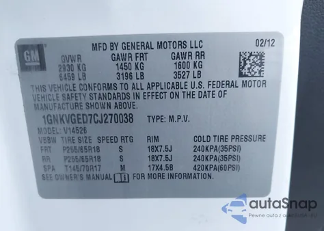 2012 Chevrolet Traverse 1Lt from USA, damaged, VIN 1GNKVGED7CJ270038